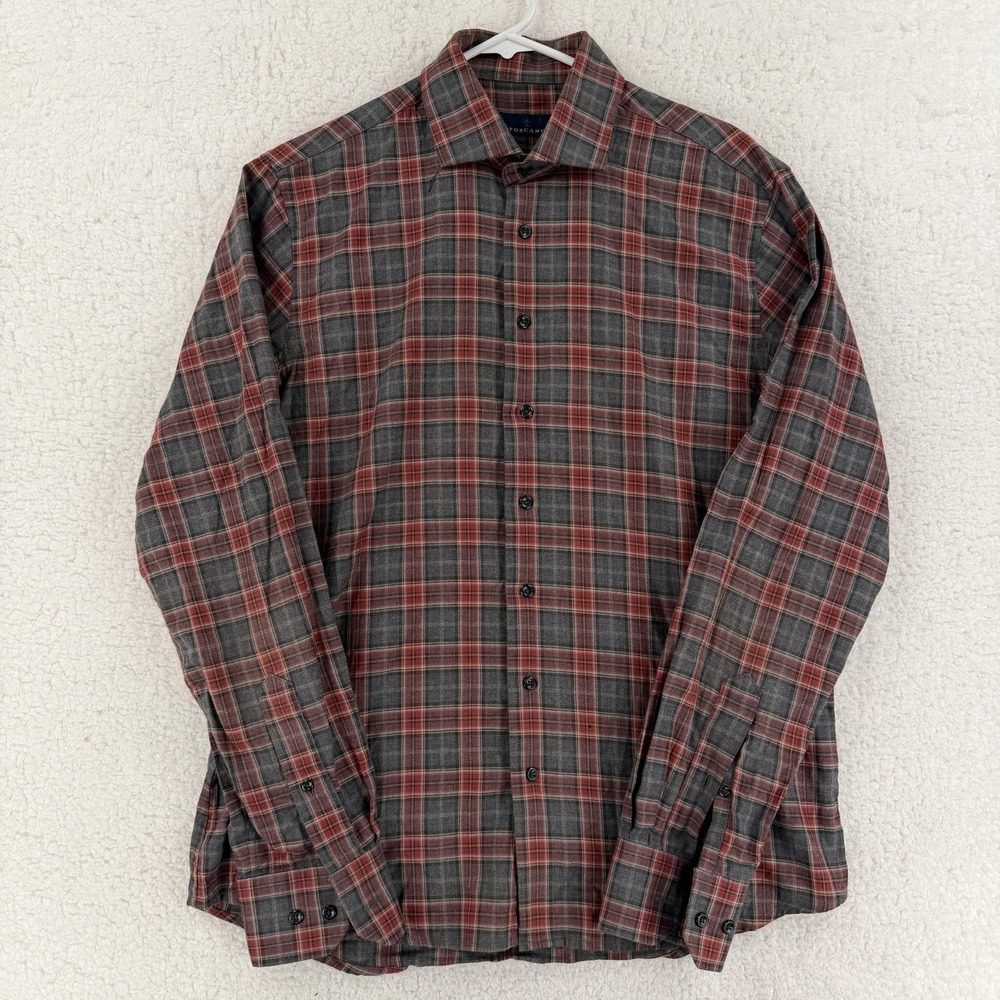 Toscano Shirt Mens Medium Gray Red Plaid Long Sleeve Button Front Casual Flannel